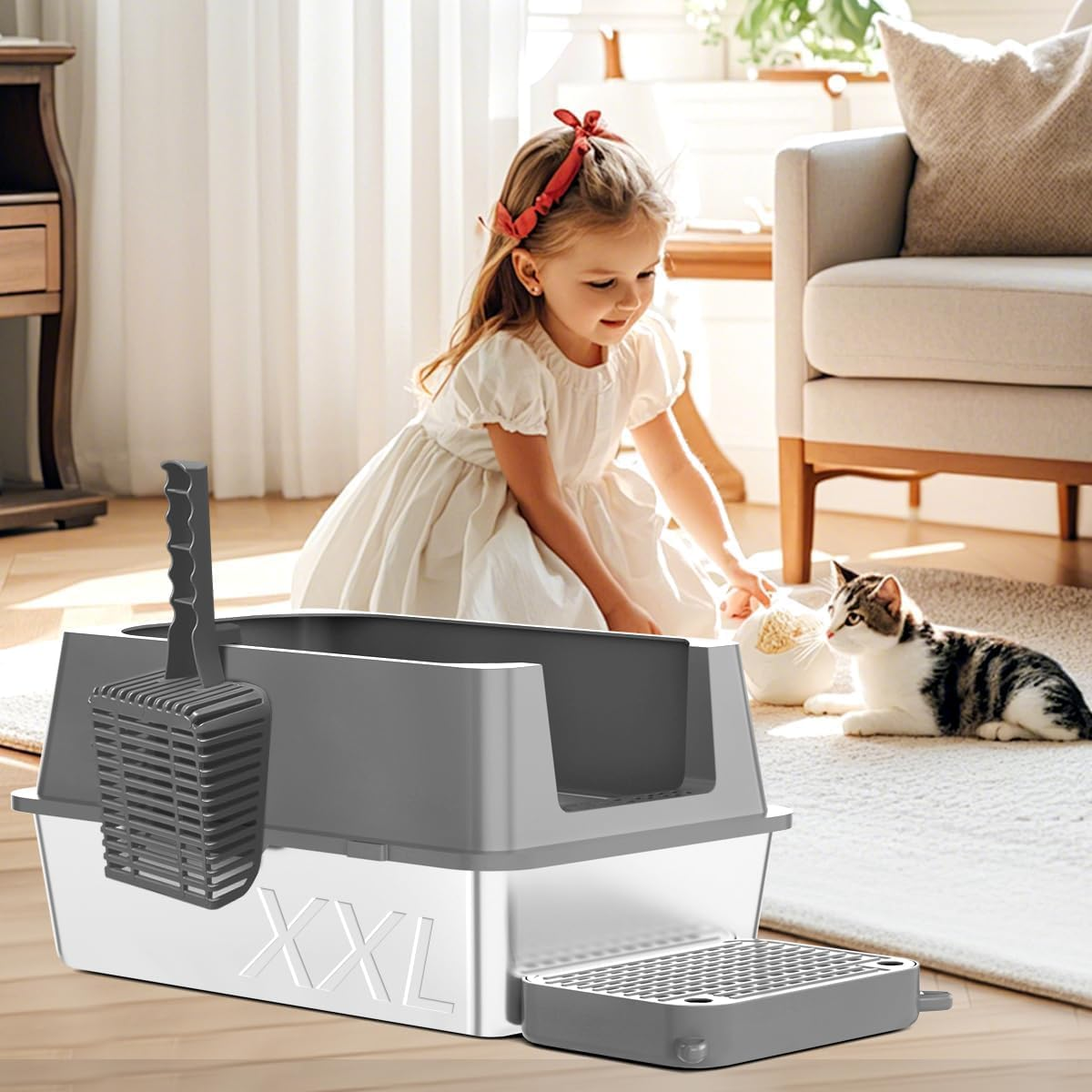 Extra Large Stainless Steel Cat Litter Box with High Sided Walls for Big Cats, anti Urine Leakage, Odorless and Easy Cleaning, for Healthy Cats, Includes Foot Pad & Scoop - XXL Litter Box (Black) - Gray image number 3