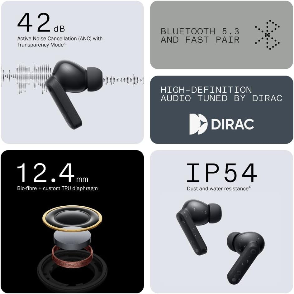 CMF by Nothing Buds Wireless Earbuds Light Grey, with 42Db ANC, Transparency Mode, Ultra Bass Technology 2.0, HD Audio by Dirac, IP54 Dust and Water Resistance and Dual Device Connection image number 1