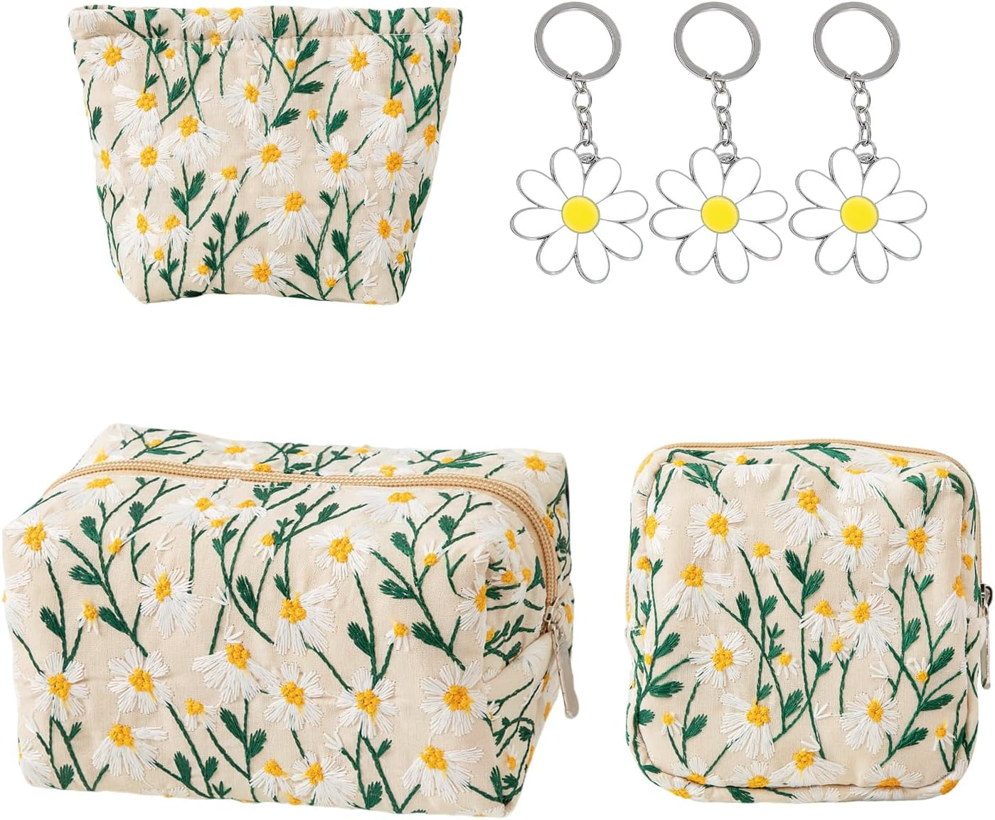 ATBUSS Pack of 3 Bags, 3 Keychains, Large Capacity Canvas Bags, Flower Shaped Clutches, Beauty Storage Bags, Fresh Daisy Pendants, Gifts for Friends image number 2