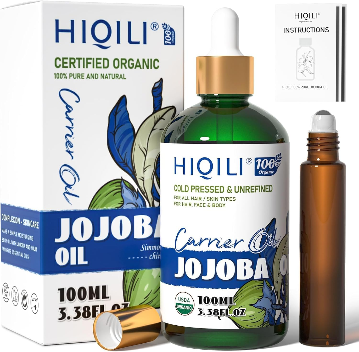 HIQILI Jojoba Oil Organic, Cold Pressed & Unrefined Jojoba Essential Oil Perfect for Skin, Hair Growth, Nails, Massage, Body Care 100Ml image number 3