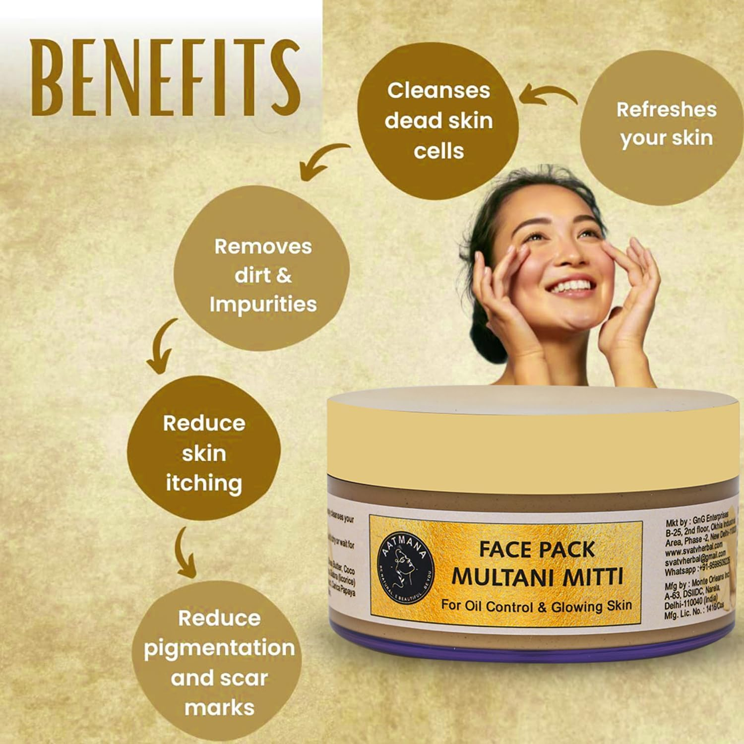 AATMANA Indian Healing Clay Face Pack | Skin Firming | Natural Skin Care Tightens Skin for Healthier Complexion -250 Grams image number 4