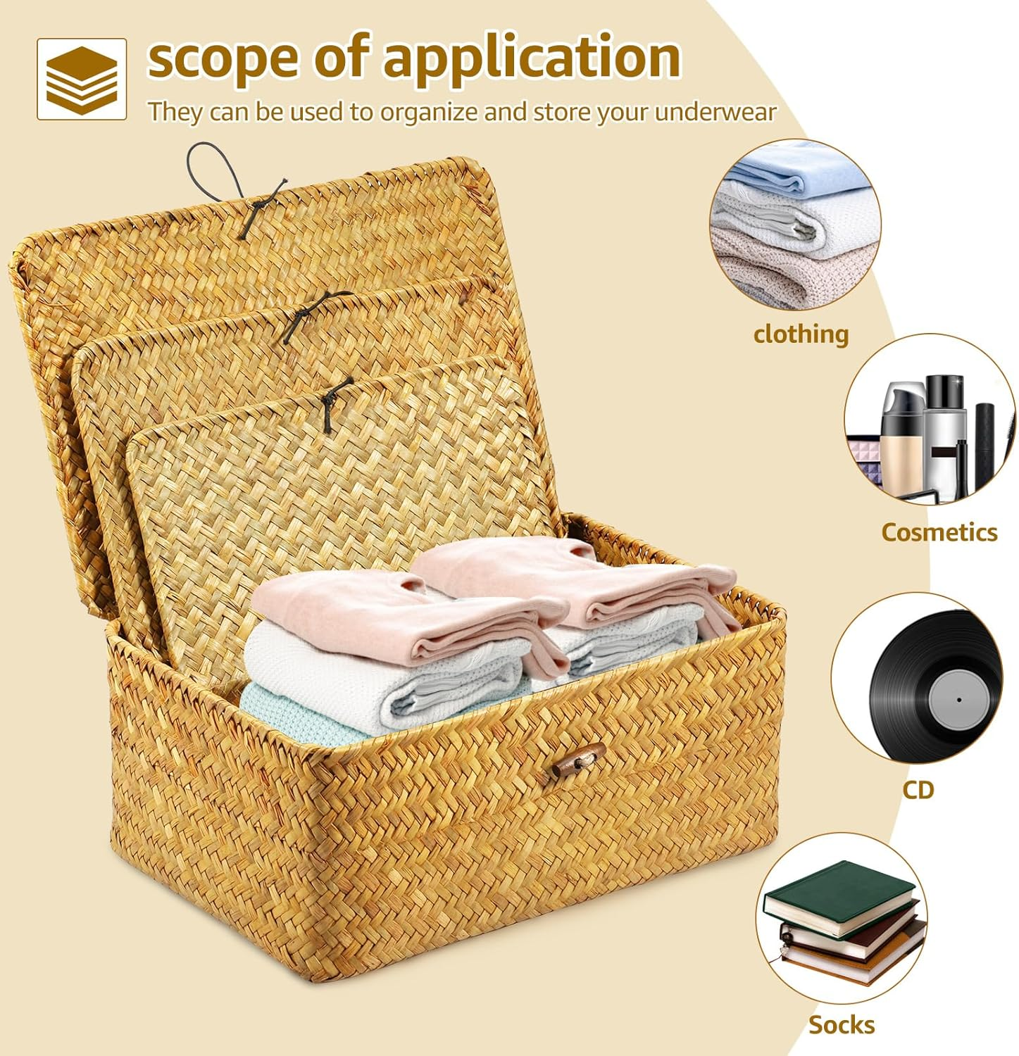 3 Pcs Hay Storage Basket - Handmade Woven Box with Lid, Sturdy Enduring Multifunctional Stackable Easy to Clean Basket for Toys Cosmetics Bathroom