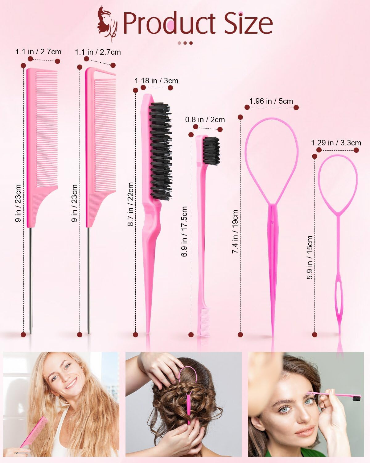 Aigee 8Pcs Hair Styling Combs Set Include 4Pcs Topsy Hair Tail Tools 2 Styles of Rat Tail Comb,1Pcs Bristle Teasing Slick Back Hair Brush,1Pcs Edge Control Brush,Eyebrow Brush for Woman Girl Pink