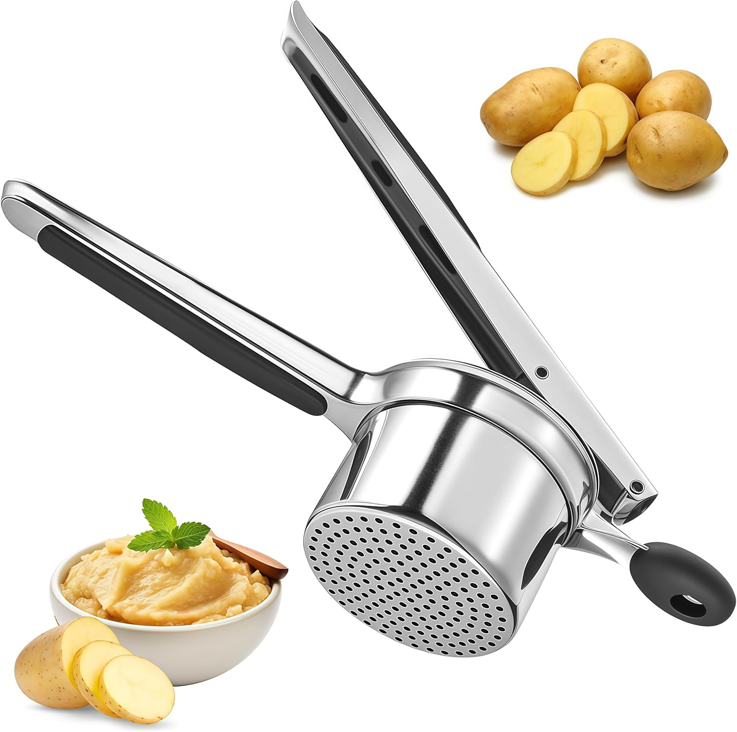 Potato Ricer, Stainless Steel Paotato Masher, Heavy Duty Ricer with Silicone Handle, Pkitchen Tool Potato Press Kitchen Gadget for Potatoes Vegetable Fruit,Juicer, Baby Food Press Squeezer (1) image number 2