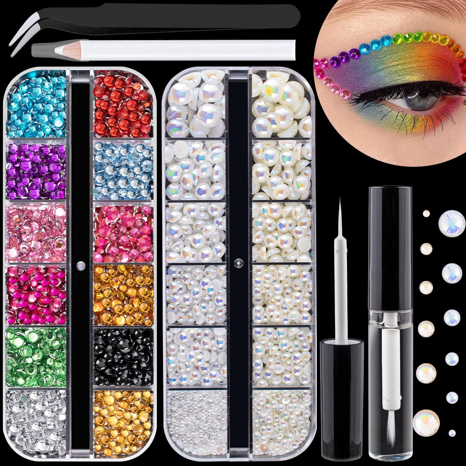 Flat Back Rhinestone+Half round Pearl Kits Colorful Rhinestones+White&Beige Pearls with Quick Dry Makeup Glue+Picker Pencil+Tweezer for Nail Art and Face Make-Up