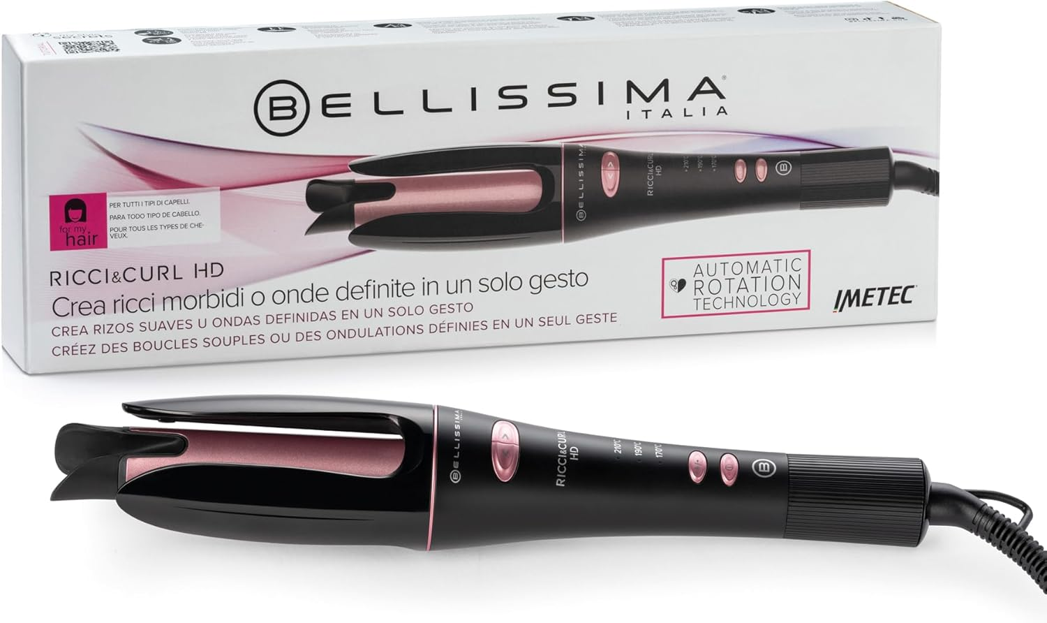 Bellissima Ricci & Curl HD Automatic Curling Iron Rotatable Automatic Rotation Technology Curl and Wave Maker Black Pink