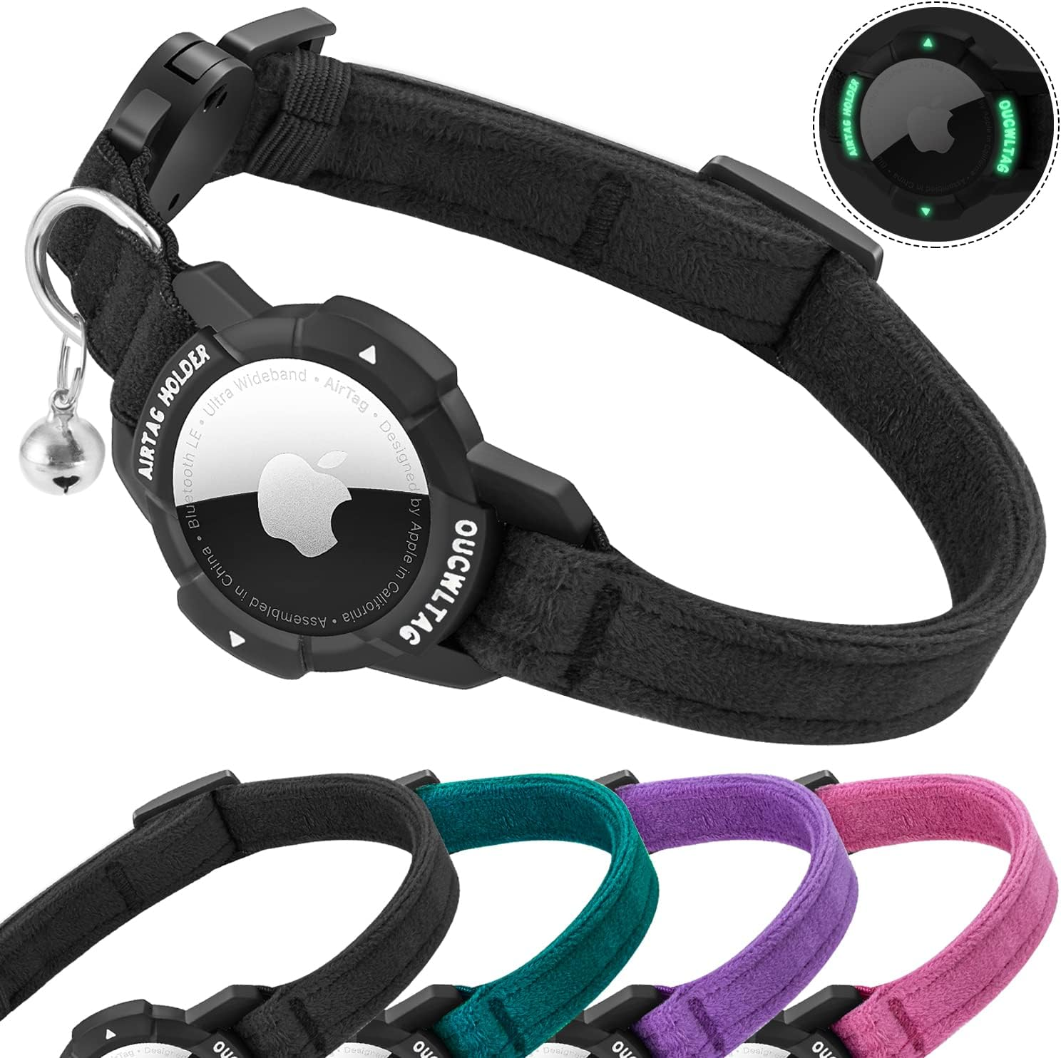 Luminous Airtag Cat Collar Breakaway, GPS Cat Collar with Apple Air Tag Holder, Cat Tracker Collars with Safety Elastic Band for Girl Boy Cats, Kittens and Puppies (7-10 Inch, Blue)