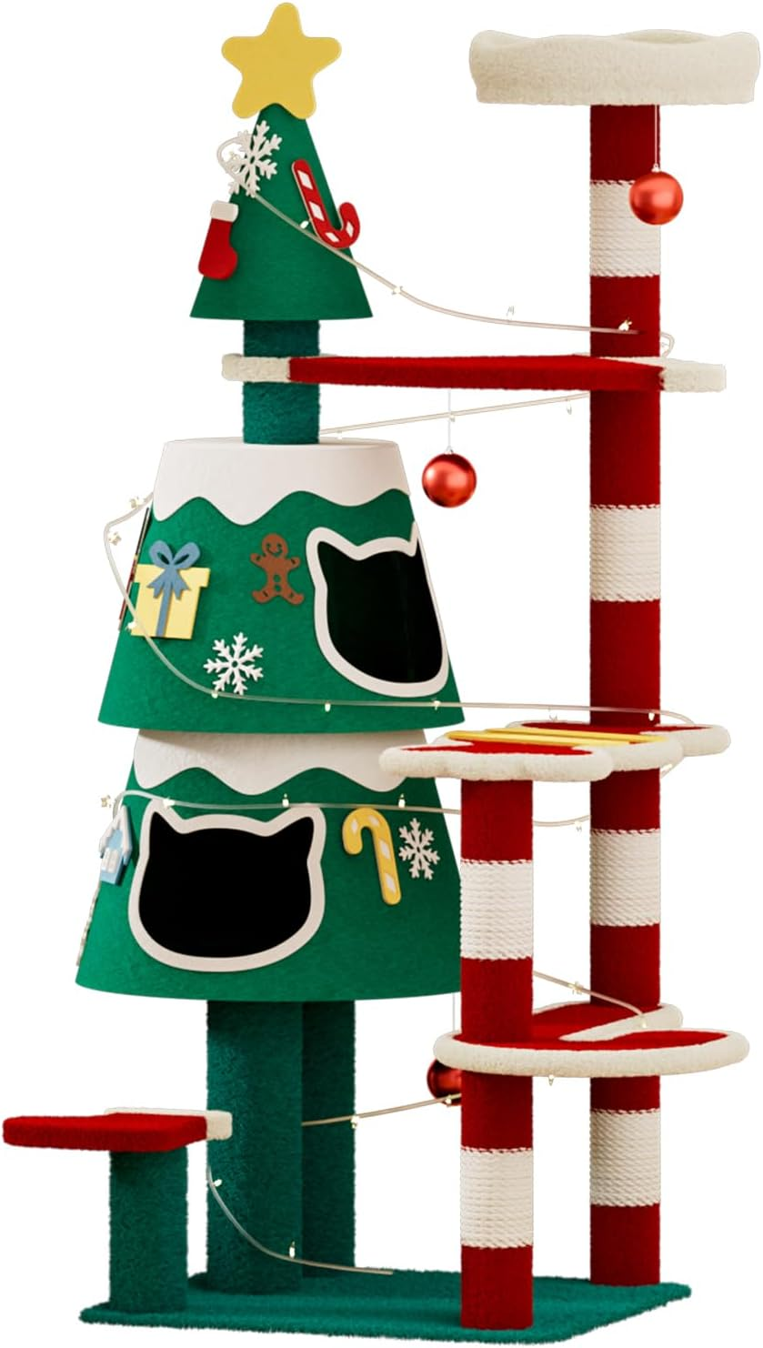 Christmas Cat Tree, Cat Tower for Large Cats with 2 Condos, Indoor Cat Tree Tower 144 Cm