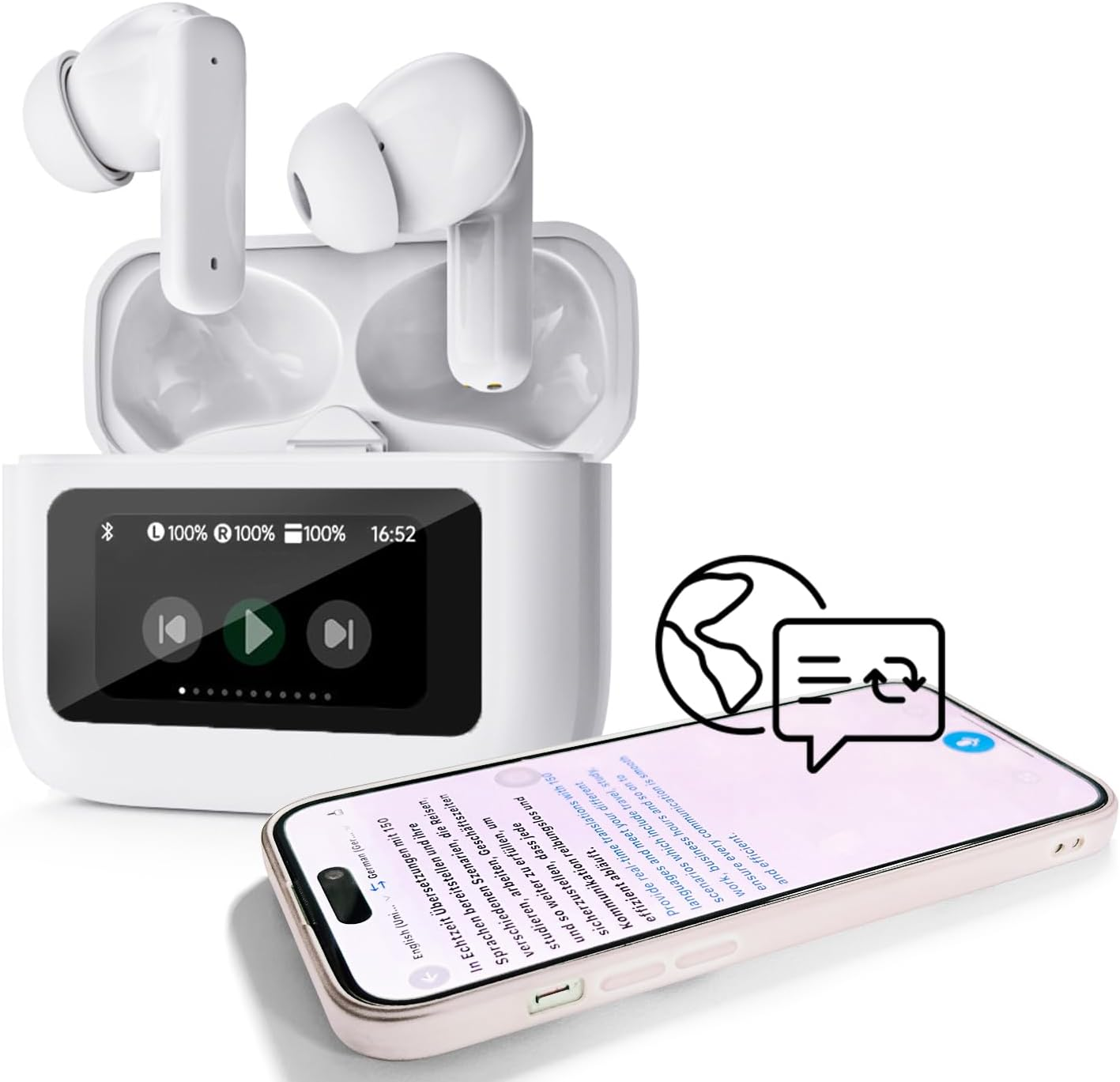 Xmenha AI Translation Earbuds with Screen Translator Headphones with Touchscreen Active Noise Cancelling in Ear ANC Wireless Translator Headphones Ear Buds Real Time Translator Headphones Translation
