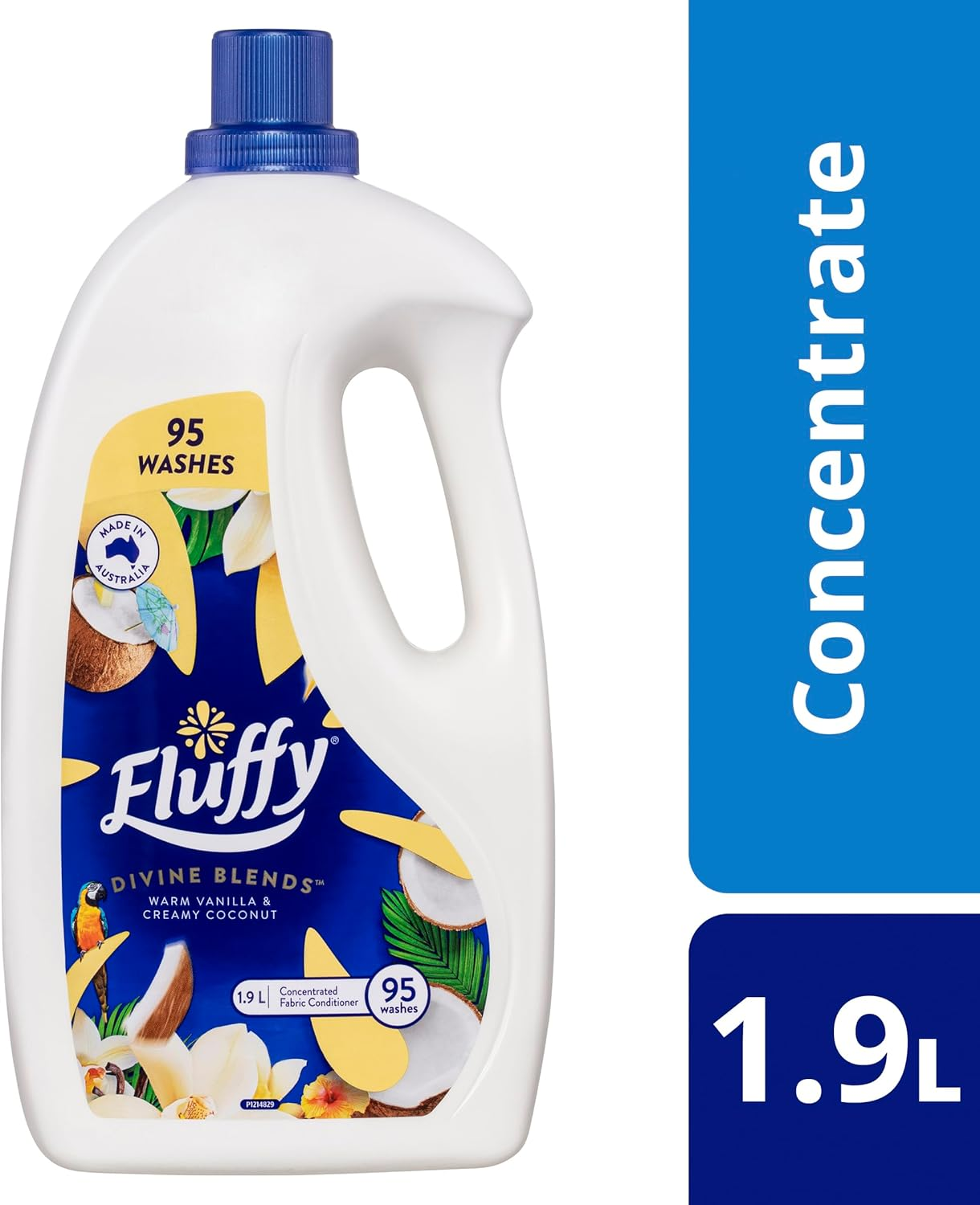 Fluffy Concentrate Liquid Fabric Softener Conditioner, 1.9L, 95 Washes, Coconut and Vanilla, Divine Blends