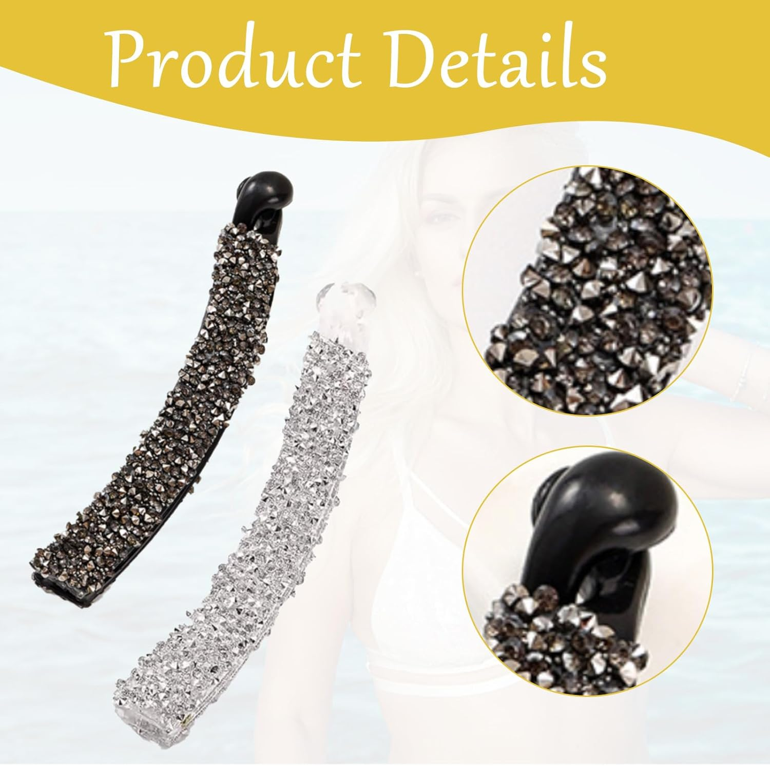 Pack of 2 Hair Clips Women'S Rhinestone, French Hair Clip Silver, Banana Clip Glitter, Hair Clips Women'S Elegant Rhinestone, Banana Clip, Suitable for Women, Girls (Black, White) image number 2