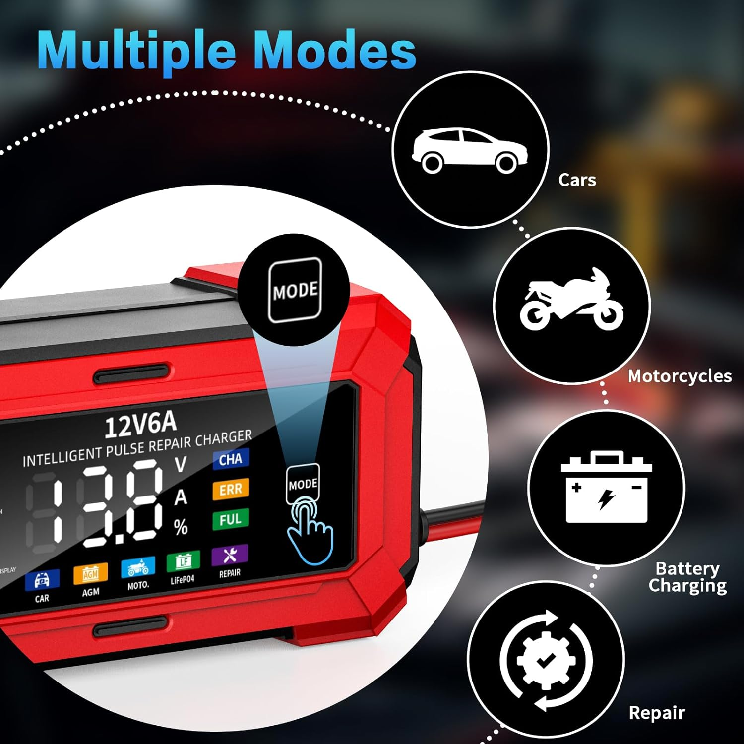 6A/12V Car Charger, 6A Multi Protections Motorcycle Battery Charger, Intelligent LCD Screen Fully Automatic Battery Charger for Motorcycles, Boats, Cars, Agm/Lithium Battery image number 1