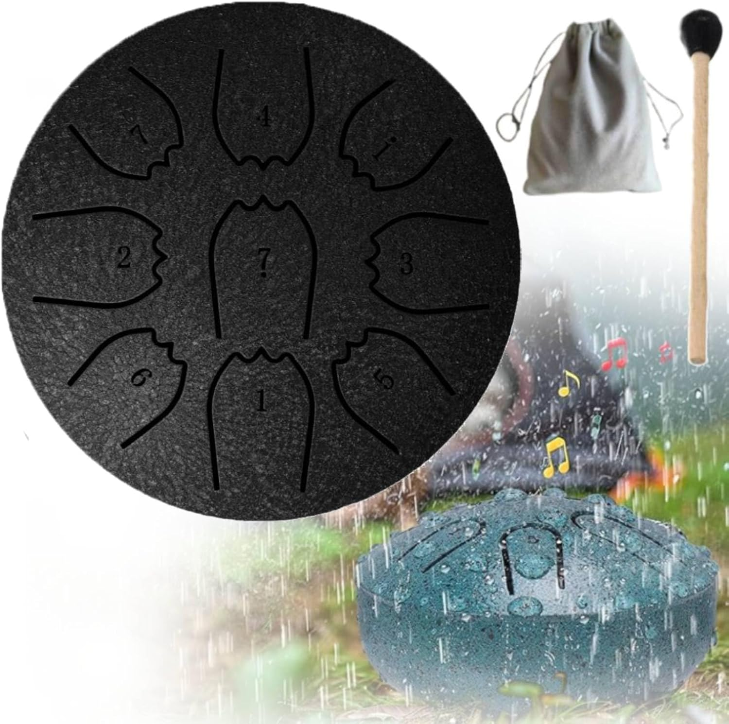 Rain Drum for outside Garden, 4 Inches 9 Notes Steel Tongue Chakra Drum Rain Chime Waterproof Musical Instrument for Garden, Mini Handpan Chakra Drum for Meditation, Yoga, Outdoor Relaxation (Blue)