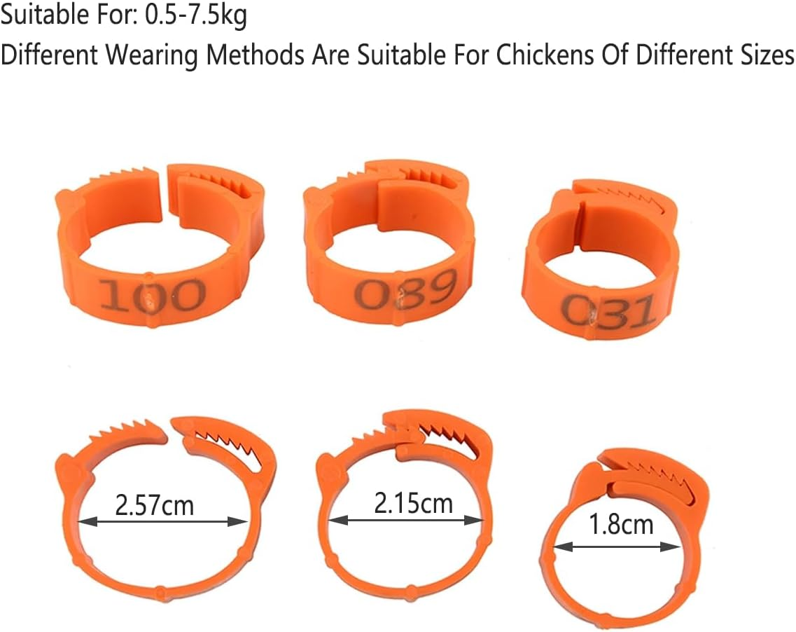 AIMALL 100Pcs Adjustable Numbered Poultry Leg Rings 001&ndash;100 Snap Lock ID Bands 0.71&ndash;1.02In for Chicken Duck Goose Pigeon Lightweight Plastic Bird Tags - Red image number 3
