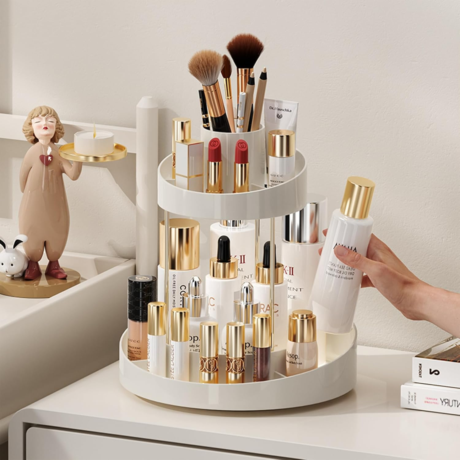 Baoswi 360&deg; Rotating Makeup Organiser, 2 Tiers Perfume Organiser, Skincare Cosmetic Organiser, Dressing Table Organiser for Lipsticks, Makeup Brushes, Lotion, Perfume, Cosmetic (Beige) image number 4