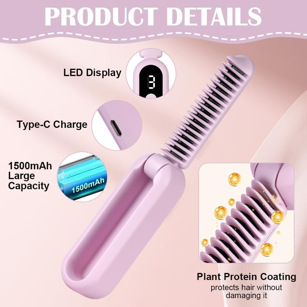 AOOWU Straightening Brush, Foldable Hair Straightener Brush, Beard Straightener for Men, Mini Electric Beard Straightener, Wireless Straightening Comb Prevents Hair Pulling, Quick Heating, 9