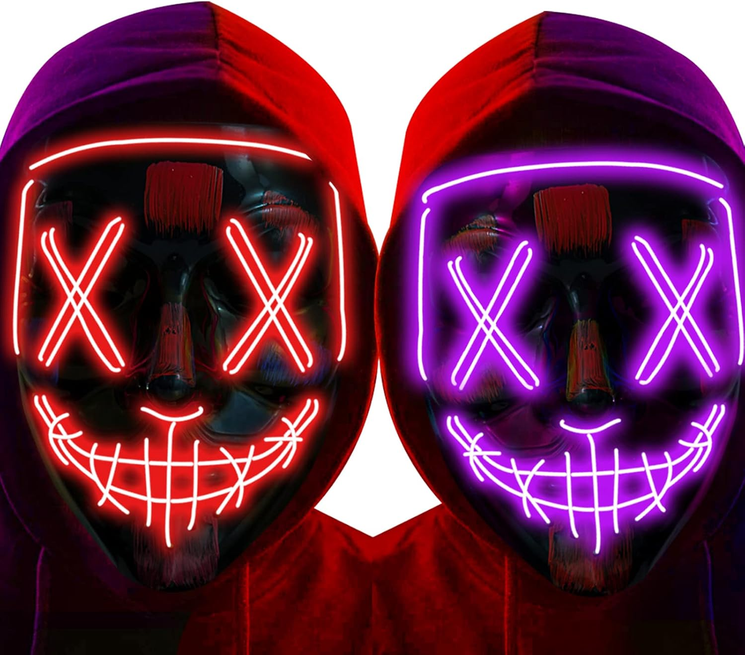2 Pack Halloween Purge Mask,Led Light up Mask Scary Mask for Man Kids Cosplay Halloween Costume Masquerade Parties,Carnival - Green+Purple image number 7