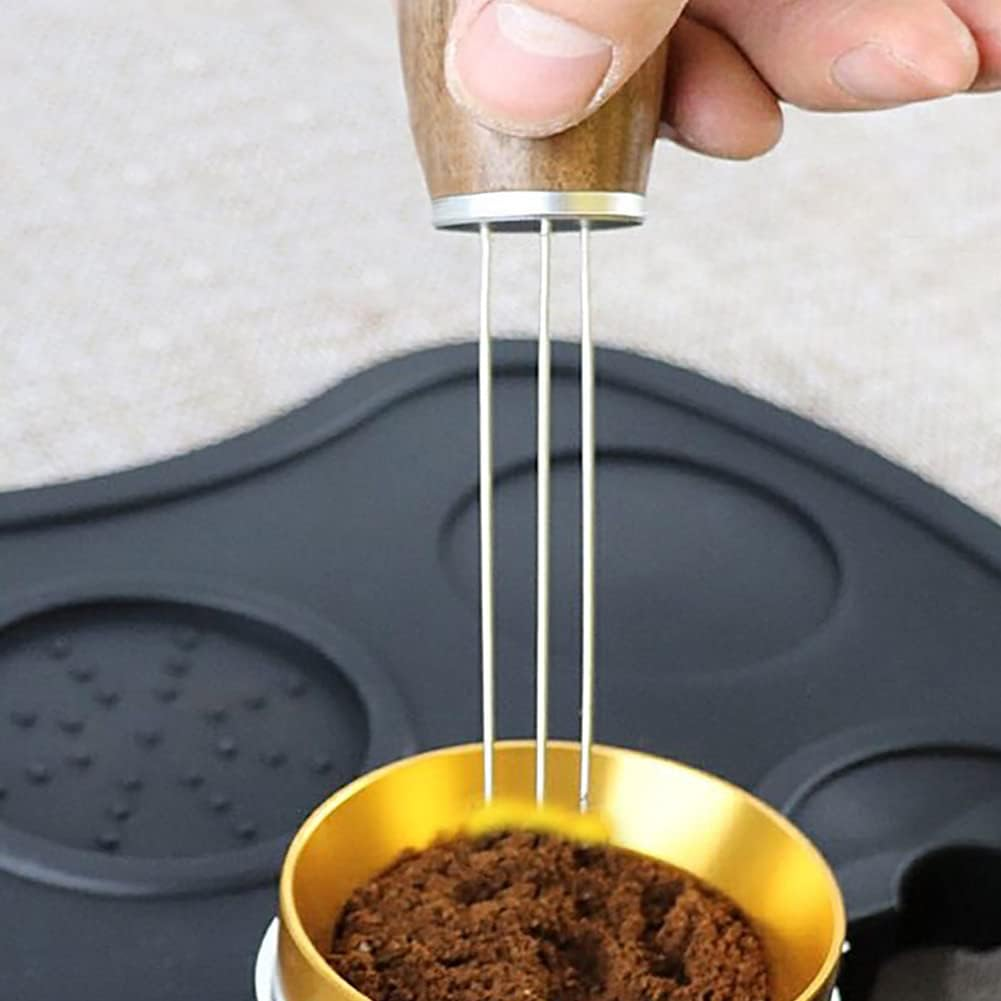Espresso Coffee Stirrer, Coffee Powder Coffee Stirring Tool for Espresso Distribution, Stainless Steel Needle, Natural Wood Handle and Stand (2PCS Set(1 Brown Sandalwood+1 Brush))