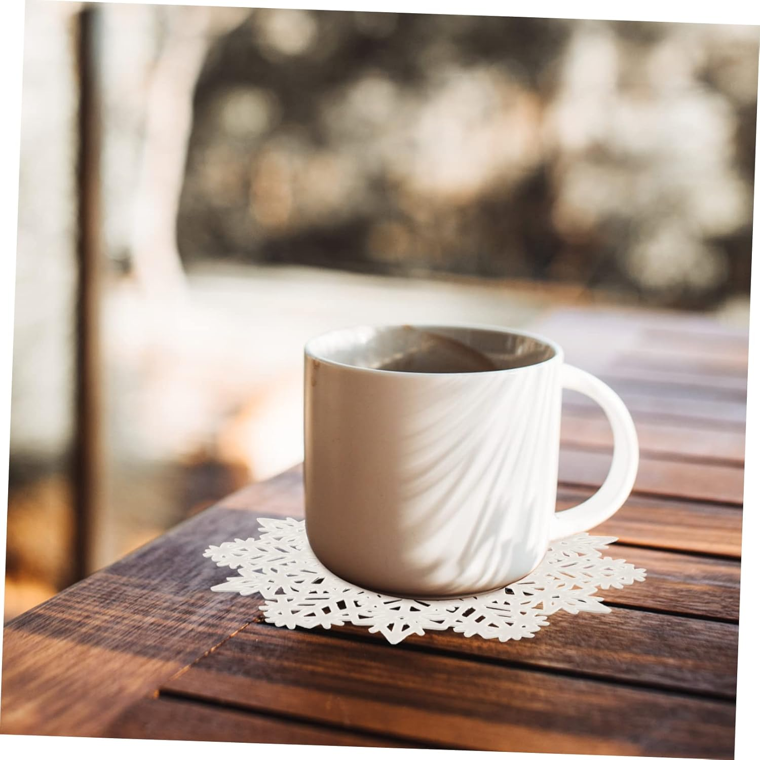 SHOWERORO 6Pcs Christmas Cup Mats White Snowflake Shape Coasters Thermal Insulation Placemat Non-Skid Desk Topper Decorative Cup Cushion for Kitchen Dining Table image number 5