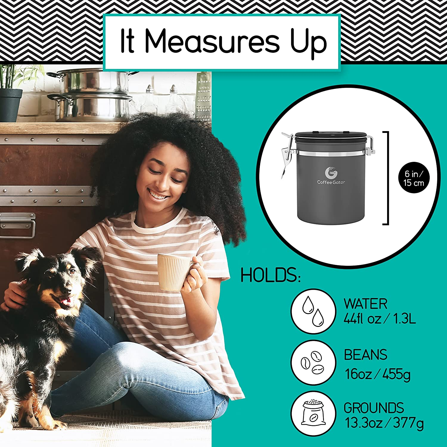 Coffee Gator Coffee Canister Airtight, 16Oz Stainless Steel and 4Oz Borosilicate Glass Travel Kitchen Food Storage Container with Date Tracker, Scoop for Beans, Ground, Sugar, Tea, Cookies Jars image number 3