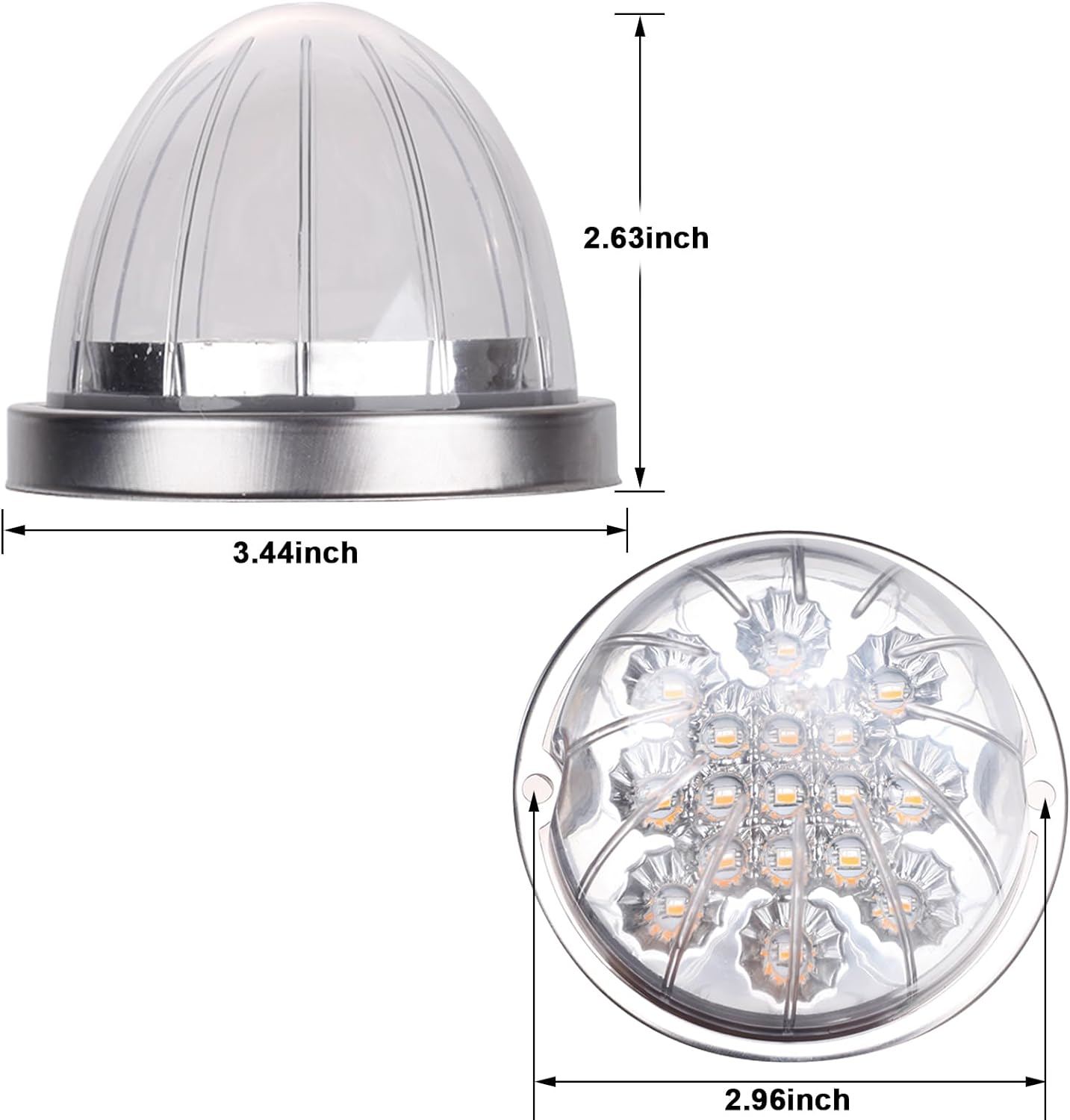 2PCS Dual Revolution Amber Turn Signal and Marker to White Auxiliary 17 LED Watermelon Lights, Clear Lens & Stainless Steel Bezel Marker Lights for Freightliner Kenworth Peterbilt Trailer Heavy Trucks image number 2