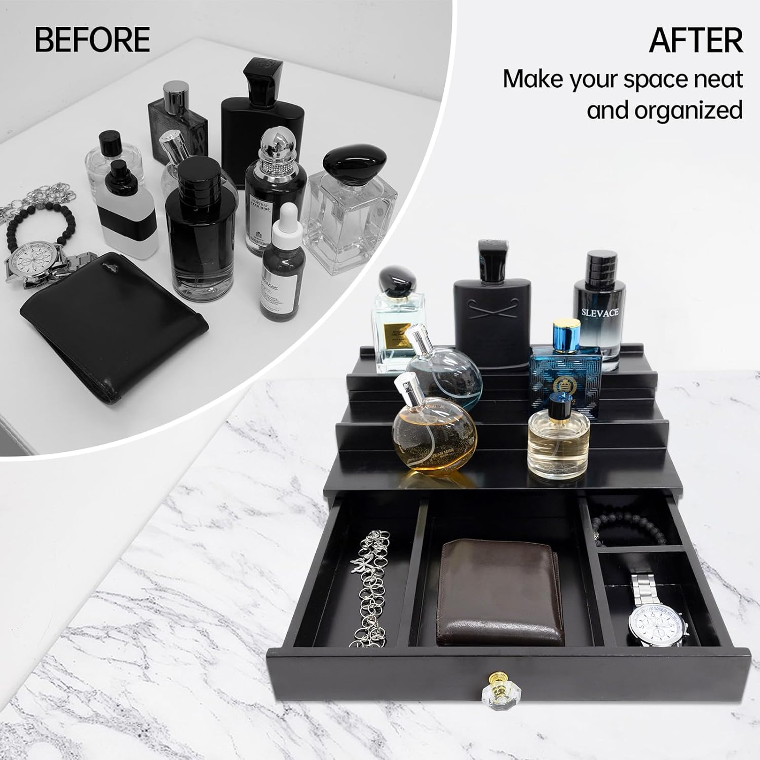 Cologne Organizer for Men, 3 Tier Mens Perfume Stand with Drawer Cologne Tray - Wooden Cologne Stand Perfume Dresser Organizer Display Risers Great Gift Choice for Men-Black image number 3