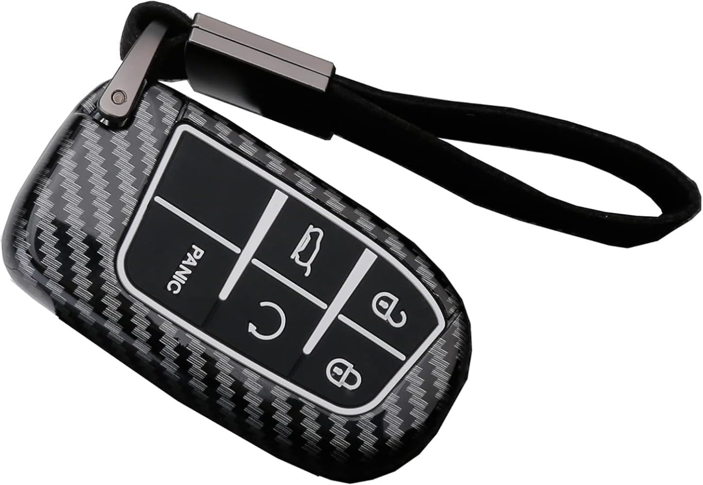 5 Buttons Carbon Fiber Style Key Fob Cover Case Fit for Jeep Grand Cherokee Renegade Chrysler 200 300 Dodge RAM Durango Charger Challenger Journey Dart Fiat Keyless Entry Remote Case Holder (Black)