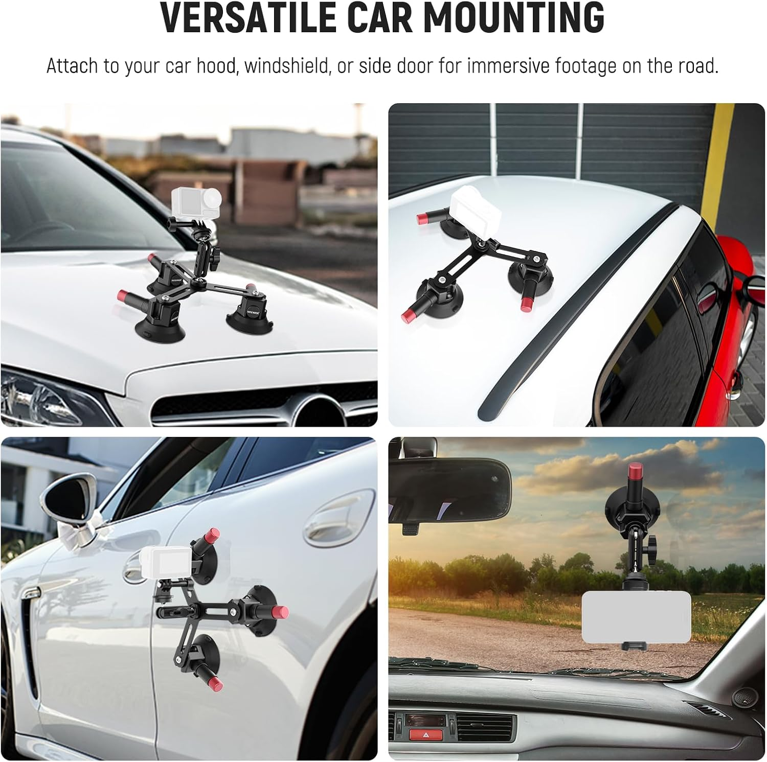NEEWER Triple Suction Cup Camera Car Mount [Simplified] with Phone Holder & Action Camera Adapter Compatible with Iphone Gopro OSMO Action Pocket 4 3 2 Hero 13 12 11 10 Insta360 Samsung, CA067 image number 4