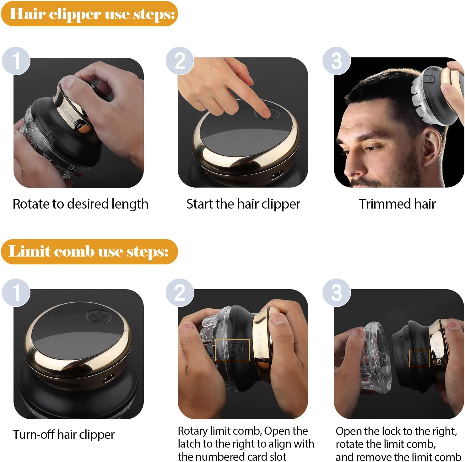 KEMEI 887 Hair Clipper for Men Circular Cordless Trimmer, Self-Haircut Kit, Rechargeable LED Display Gold (Fba-Km887-Gold) image number 5