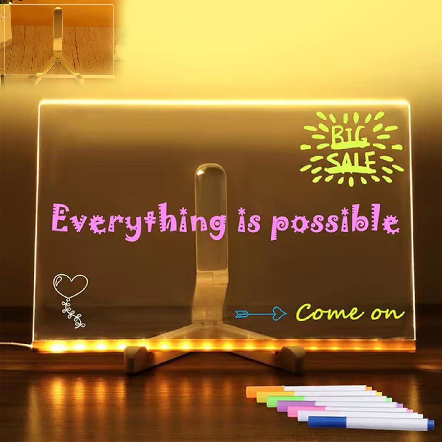 Luminous Acrylic Message Board, DIY Erasable Acrylic Luminous Writing Board, Led Note Board with Colors, Light up Drawing Board for Kids with Stand and 7 Markers for Planning, Drawing (20 * 30Cm) image number 5