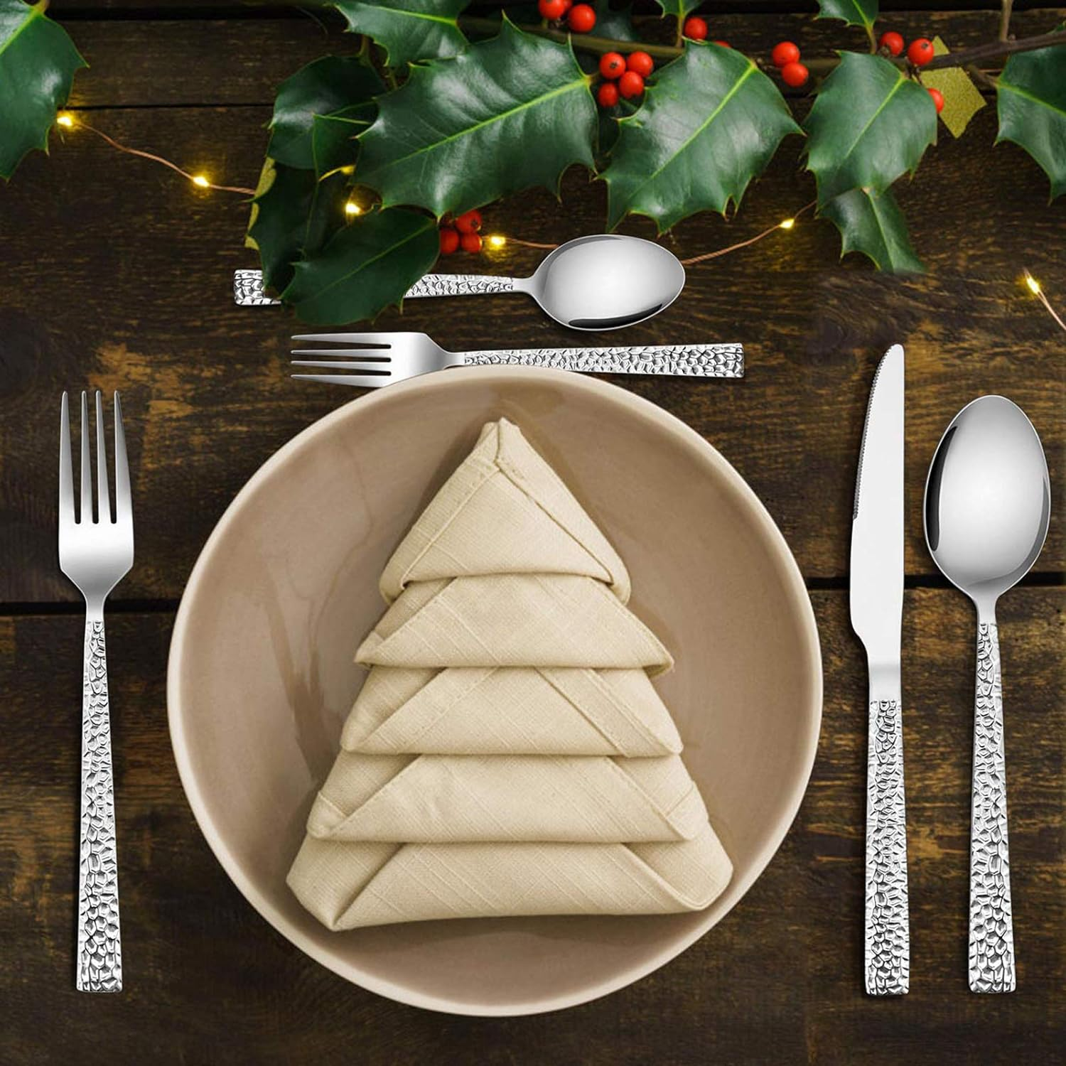 E-Far Hammered Silverware Set, 40-Piece Stainless Steel Square Flatware Set for 8, Metal Tableware Cutlery Set Includes Dinner Knives/Forks/Spoons, Modern Design & Mirror Polished - Dishwasher Safe image number 4