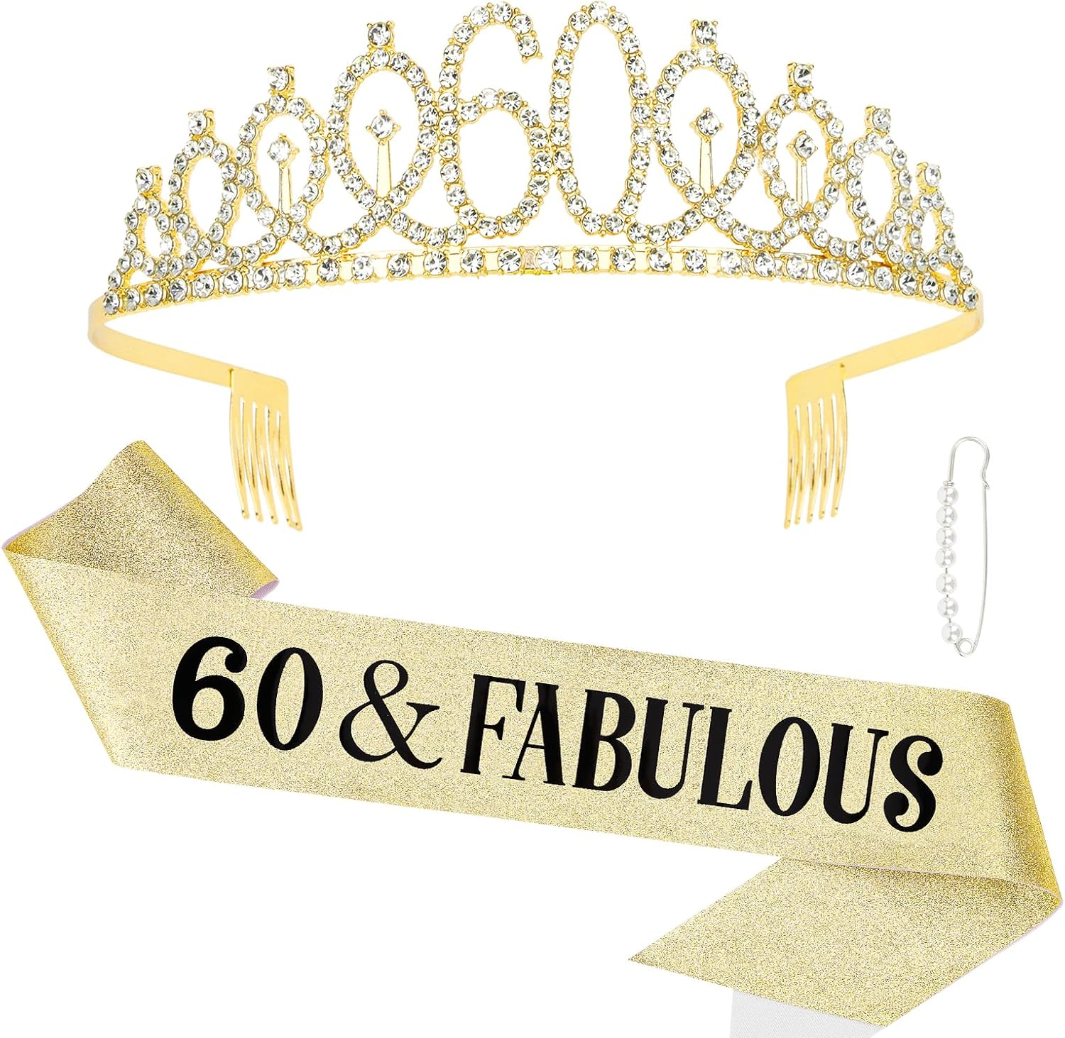 KIUEZIR Golden 60Th Birthday Tiara & Sash Set - Rhinestone Alloy 60Th Crown with Comb & Glitter Ribbon "60 & Fabulous" for Mom'S & Grandma'S Birthday Parties, Anniversaries and Photoshoots image number 3