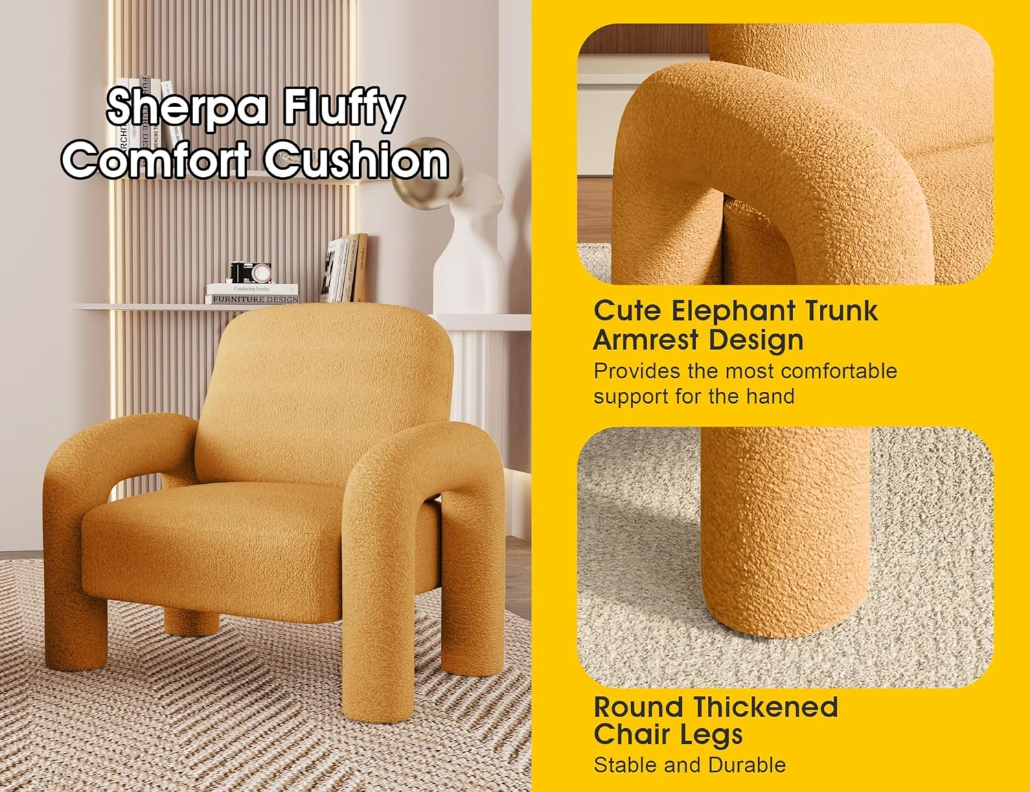 Modern Sherpa Accent Chair, Teddy Upholstered Arm Single Sofa, Cozy Fluffy Reading Chair for Living Room, Bedrooms, Corner (Yellow) - Orange image number 6
