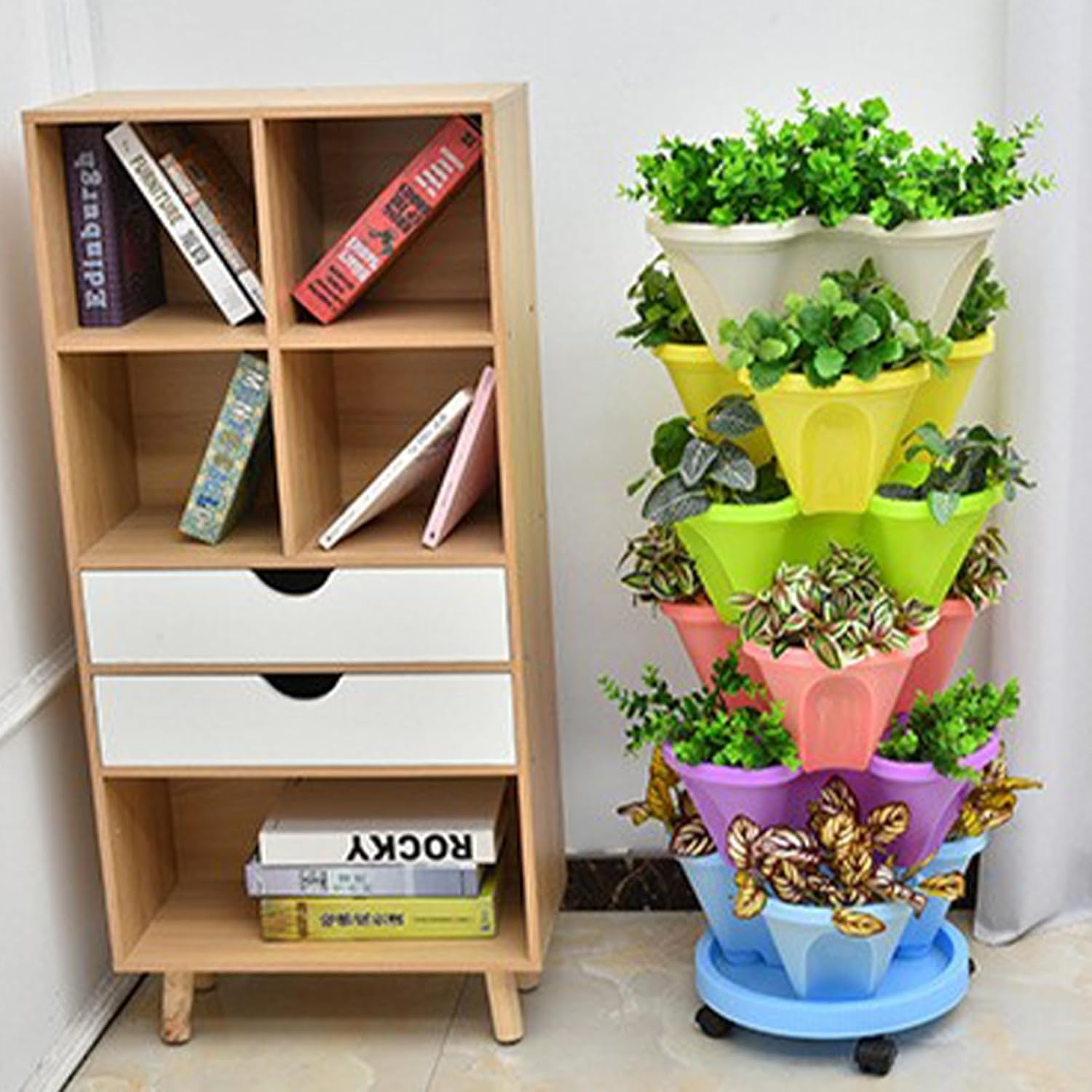 6 Tier Vertical Planter, Stackable Tower Planters, Strawberry Herb Flower and Vegetable Pots, Indoor Outdoor Gardening Pots with Removable Wheels and Vegetables Multicolor, Garden Planters (6PCS) image number 4