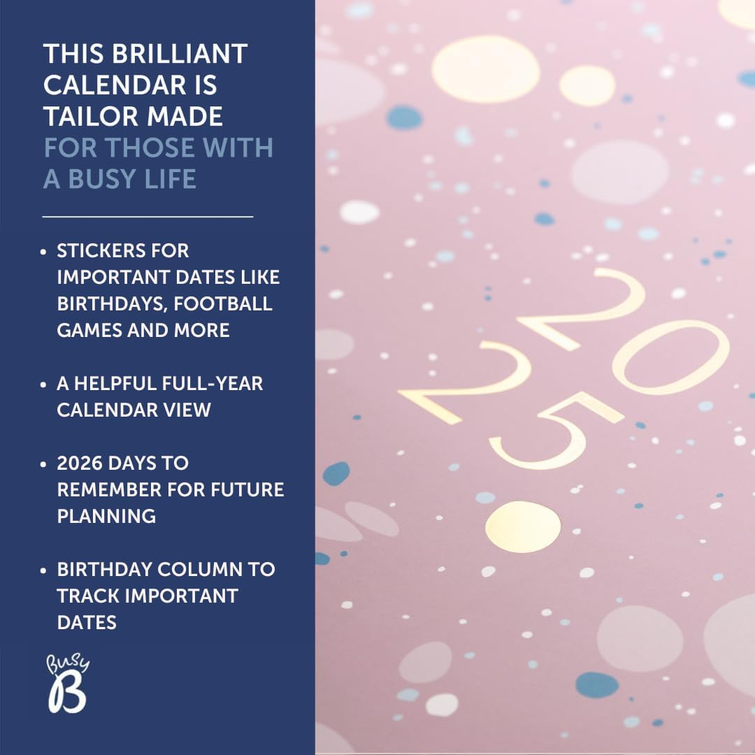 Busy B Large Family Wall Calendar 2025 &ndash; Pink Spray Design with 5 Columns & Storage Pockets - Monthly 2025 Calendar for Busy Families with Colour-Coded Stickers - 30.5 X 30.5Cm image number 4