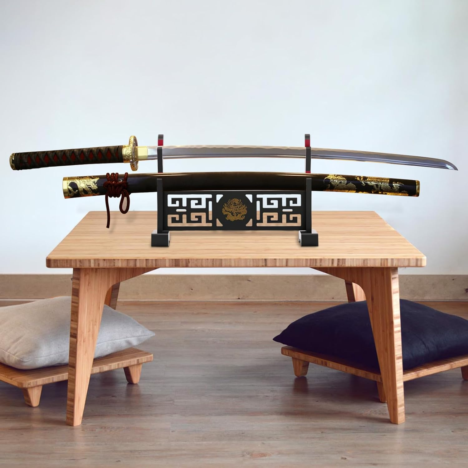 Rdjeokf Sword Stand Display, Samurai Sword Holder Stand Desktop, 2 Layer Display Sword Stand Showcase, with Golden Dragon Pattern Velveteen Protection, Wooden Rack for Knife, Dagger at Home image number 2