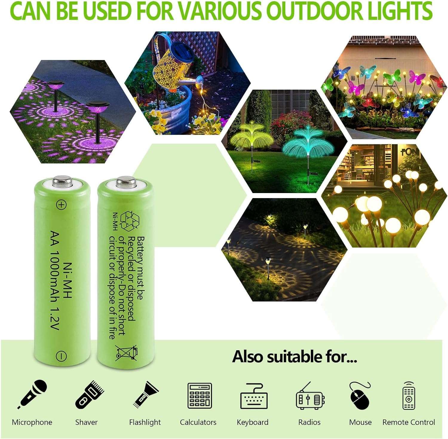 JINTION Rechargeable AA Batteries,Solar 1.2V Ni-Mh 1000Mah Double a Battery Low Self Discharge for String Light Lantern Lamp Toys, 4 Pack image number 4