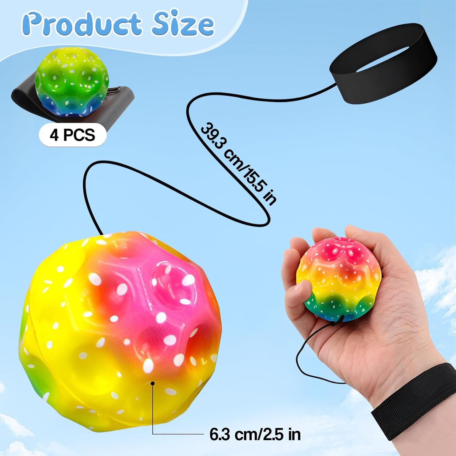 ZCOINS 4 Pcs 2.5'' Rubber Wrist Return Bounceback Ball for Kids, Wrist Rebound Bouncy Hand Ball with Wristband & Elastic String for Outdoor Game Sport Training image number 2