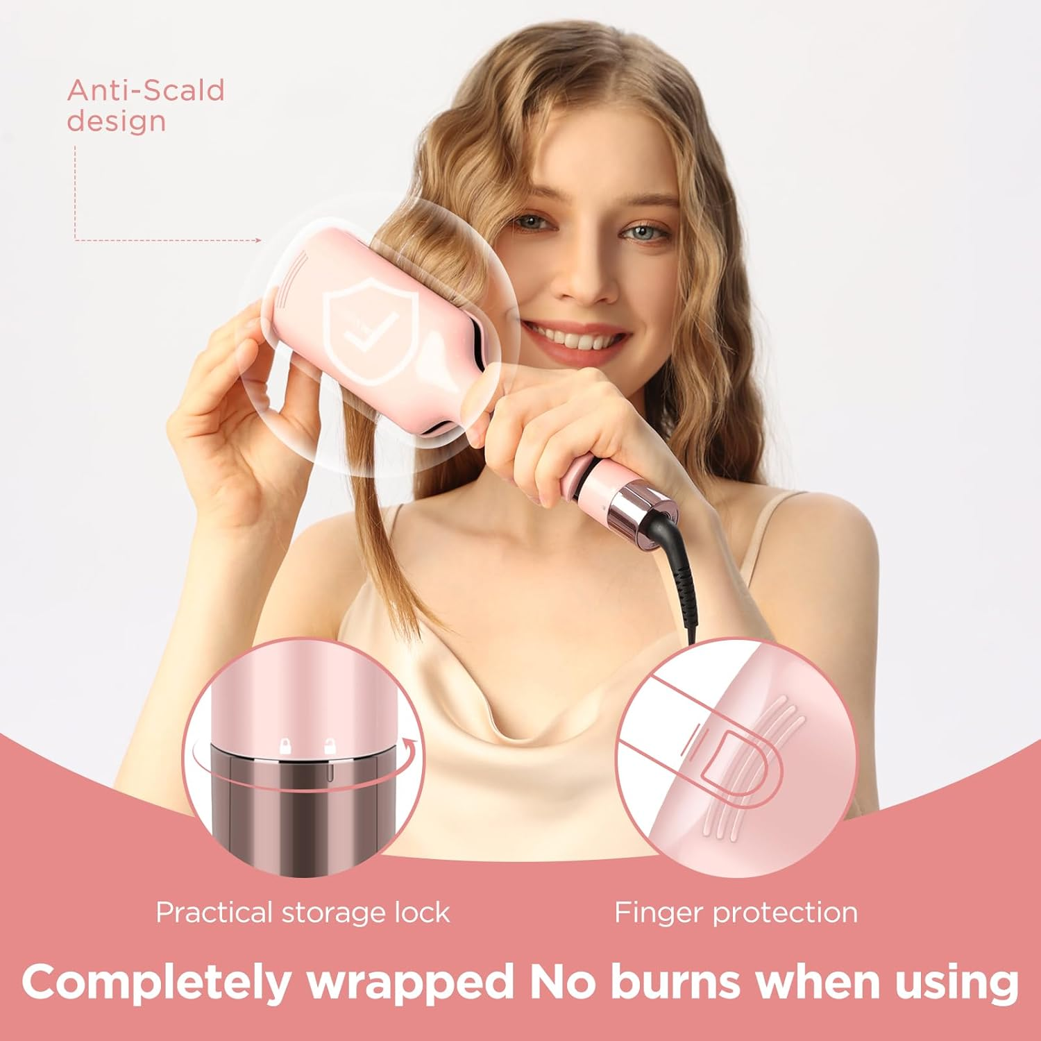 2 Barrel Hair Crimper Waver for Hair, 32MM Waver Curling Iron for Large and Beach Curls, PARWIN PRO BEAUTY Beach Waves Curling Wand with 4 Adjustable Temperatures, Instant Waves (Pink) image number 5