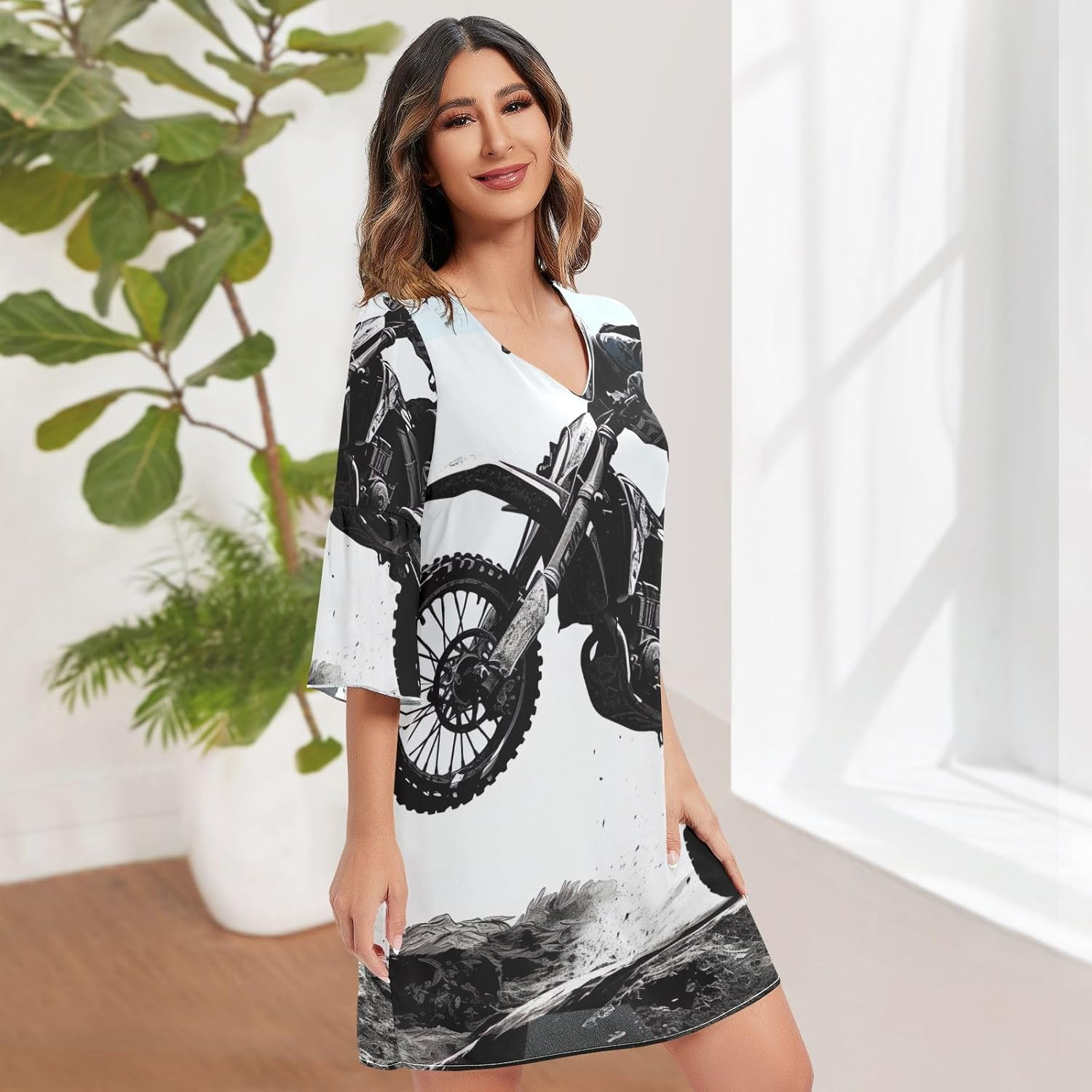 Dirt Bike Jump V Neck Summer Dress Printed Line Maternity Dress S-XXL image number 5