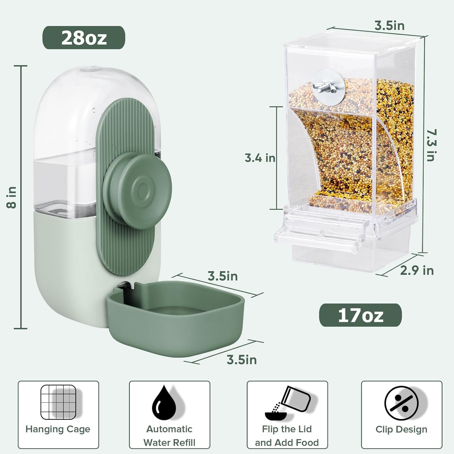 Bird Feeder and Water Dispenser Set, No Mess Automatic Feeding and Hydration, Parakeet Cage Accessories for Parrots, Cockatiels, Finches, Lovebirds and Budgies (Green) image number 6