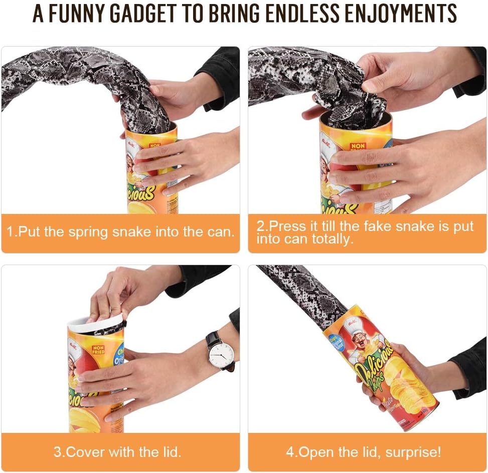 Novelty Potato Chip Can Funny Realistic Pranks Joke Jump Pop Out Spring Snake Trick Toy