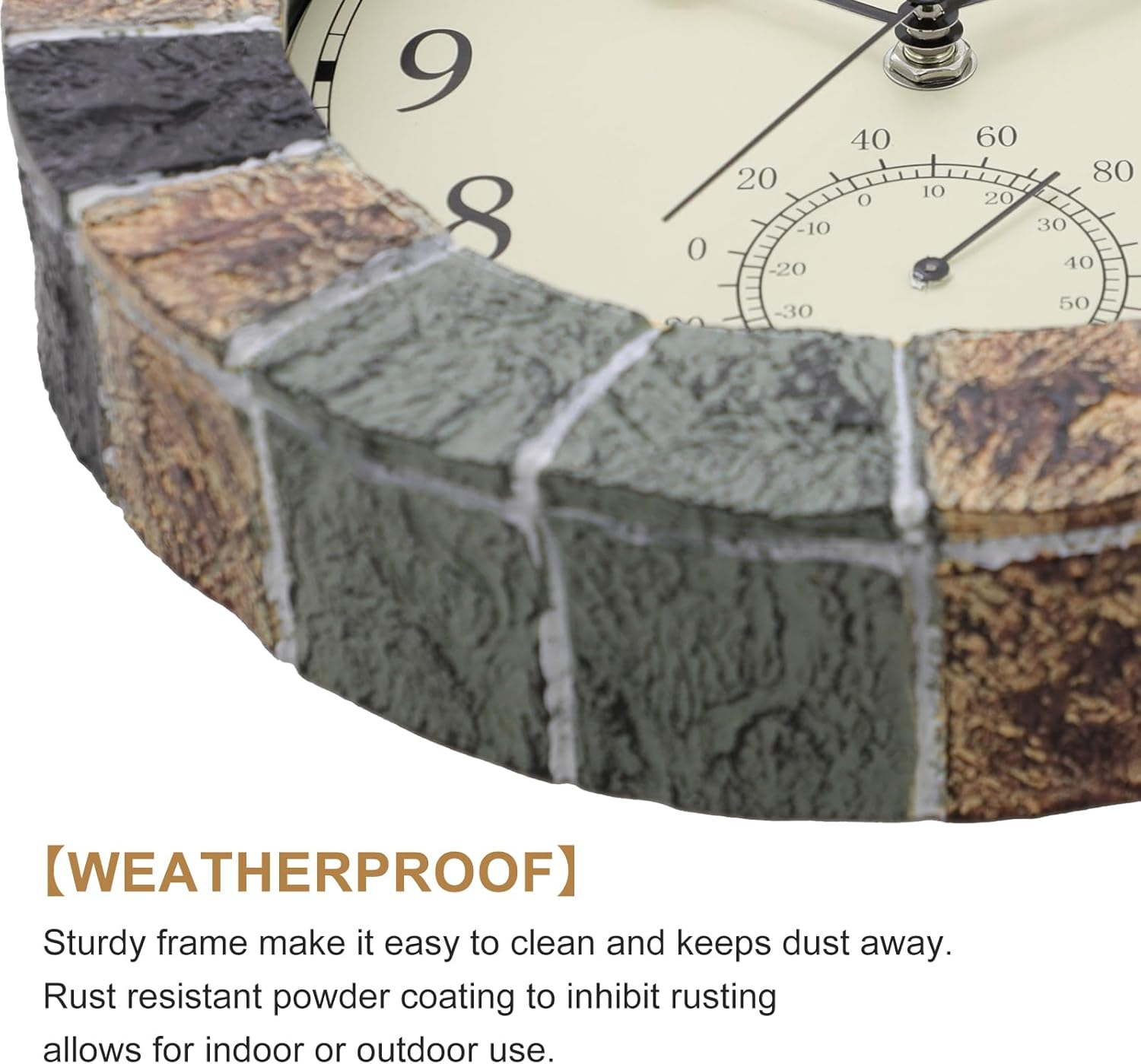 Eyotto 10 Inch Indoor/Outdoor Waterproof Wall Clock with Thermometer Silent Non-Ticking Battery Operated Wall Clocks Weatherproof for Patio, Pool, Garden, Lanai, Fence, Porch, Deck, Bathroom image number 1