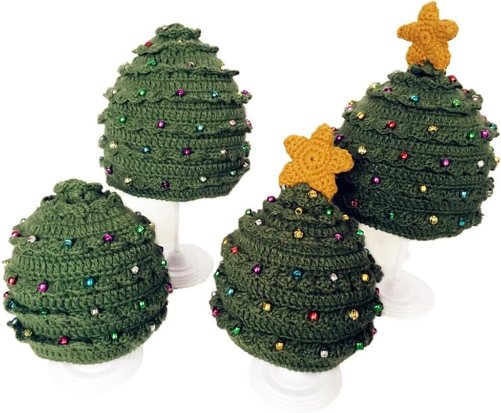 Unisex Christmas Winter Knitted Crochet Beanie Bearded Caps Christmas Tree Knit Hat Warm Hat Green with Stars image number 6