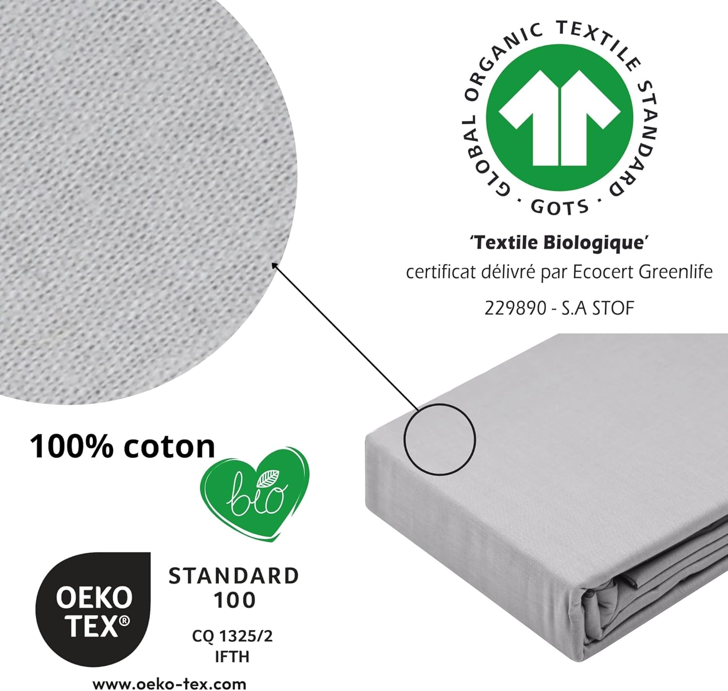 STOF - Fitted Sheet - Size 180 X 200 Cm - 100% Organic Cotton - Quality - Oeko-Tex Certified - Pearl Colour - Horizon Model - Bed Linen for Home - Soft and Comfortable