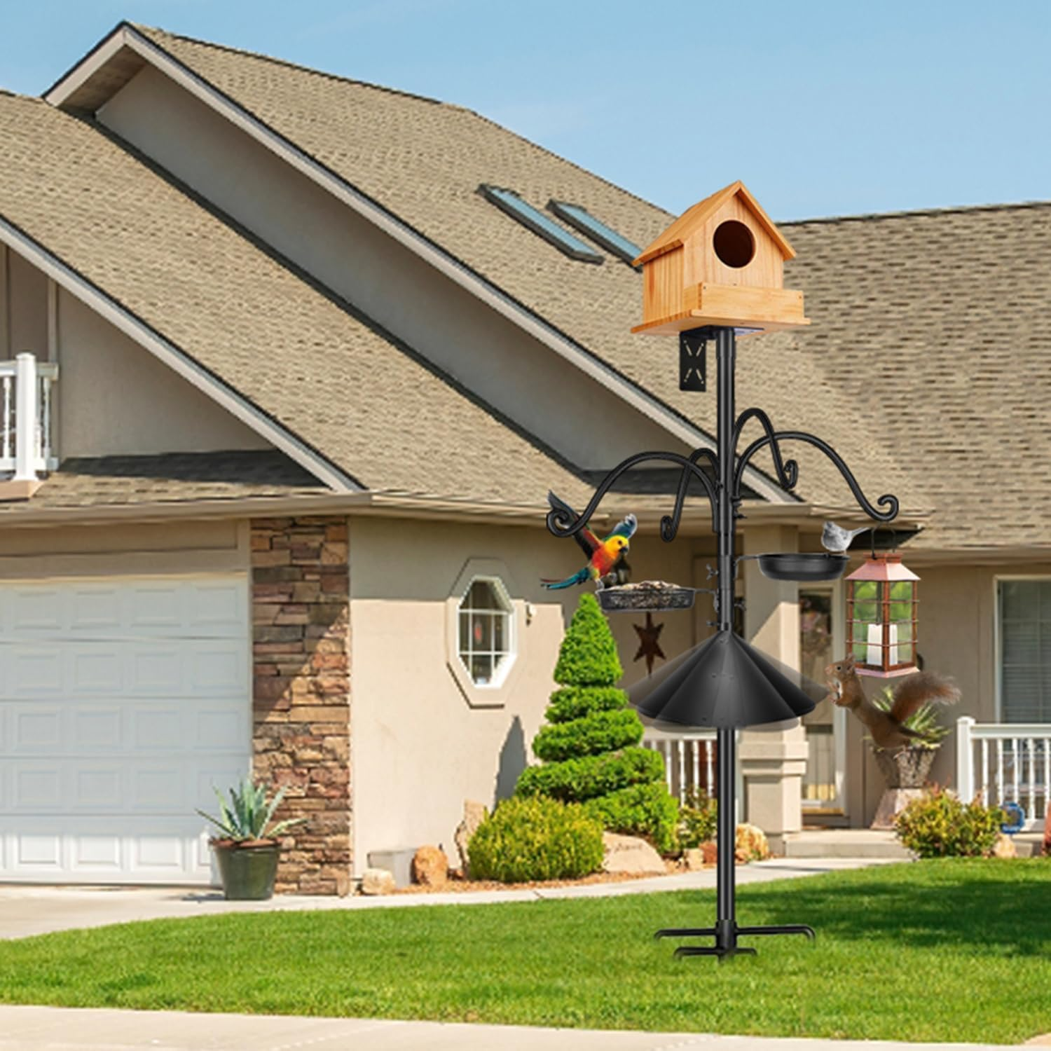 Heavy Duty Bird Feeder Pole Stand, 76 Inch Metal Bird Feeder Pole with Squirrel Proof Baffle, 4 Hooks and 2 Feeding Trays, 5-Prong Base Outdoor Birdhouse Stand, Garden Bird Feeding Station (Black) image number 4