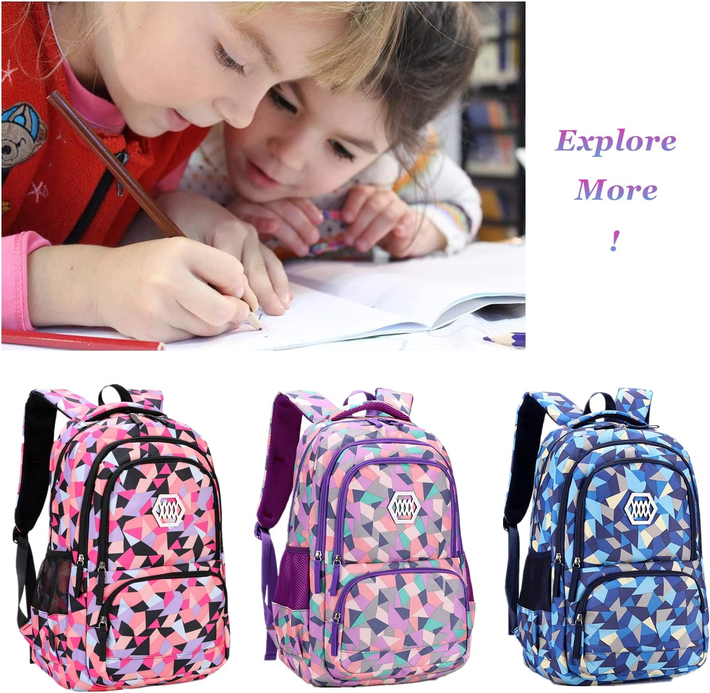 Geometric Print Girls Boys Backpacks for Kids Primary School Bags image number 2