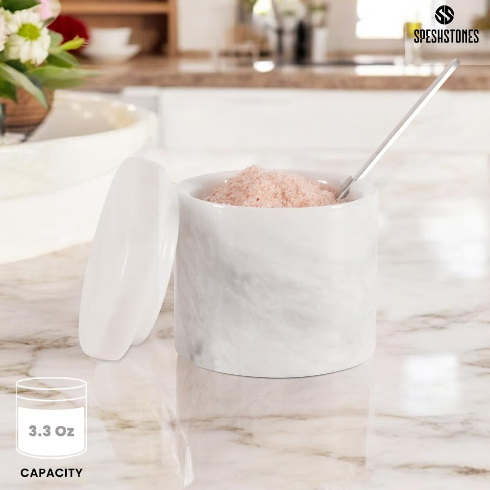 SPESHSTONES Marble Salt Cellar with Lid and Spoon 3'' Inches White Salt Container Handmade Spice Seasoning Containers for Kitchen Storage Accessories - Salt Box & Ideal Sugar Bowl, Flaky Salt Cellar - Oceanic image number 5