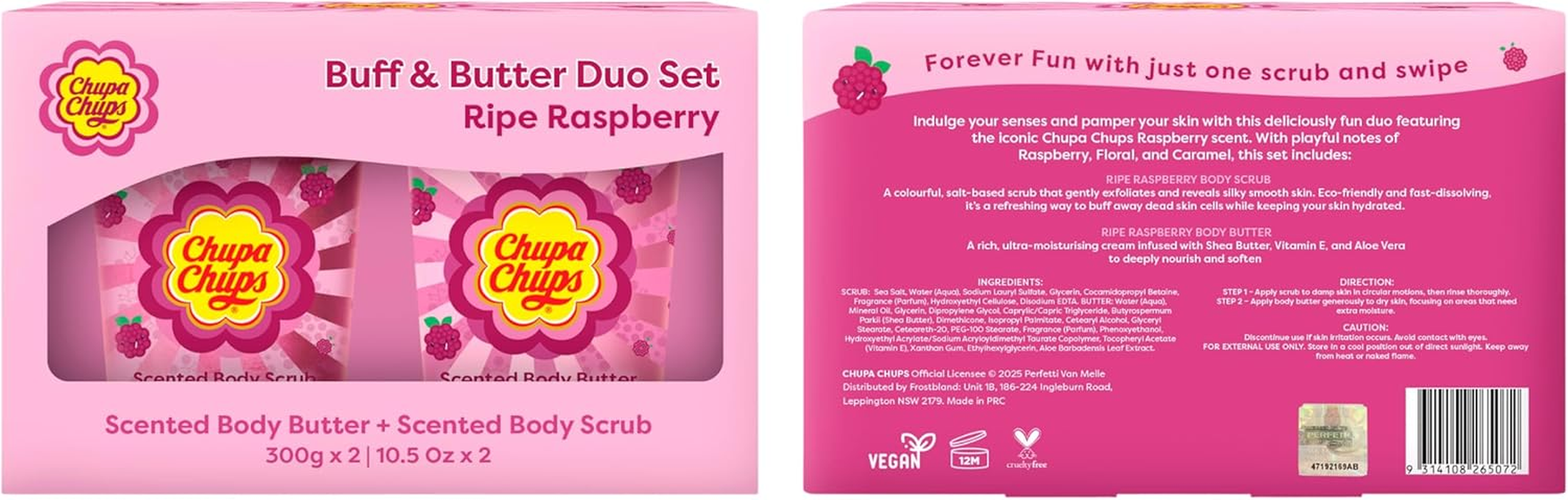 Chupa Chups Ripe Raspberry Buff and Butter Duo Gift Set (Body Scrub and Body Butter with Fruity Sweet Scent) image number 2
