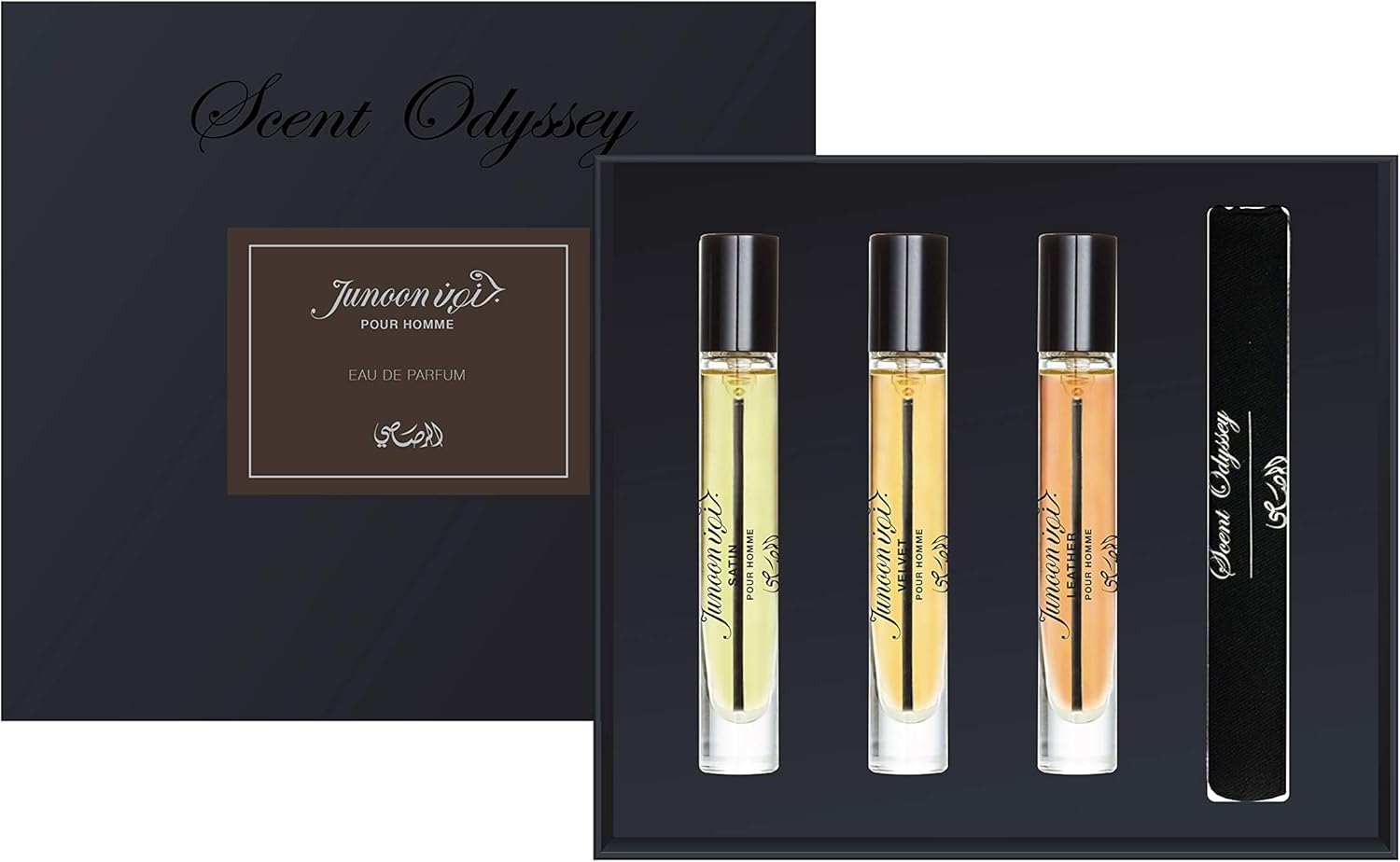 Scent Odyssey - Junoon by Rasasi for Men - 3 Pc Gift Set 0.25Oz Satin EDP Spray, 0.25Oz Velvet EDP Spray, 0.25Oz Leather EDP Spray